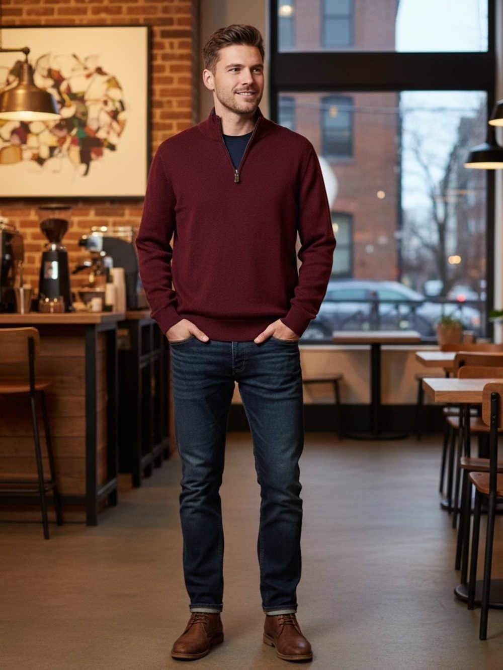• Ralph Lauren • Washable Cashmere Men's Half-Zip Sweater - Burgundy Medium